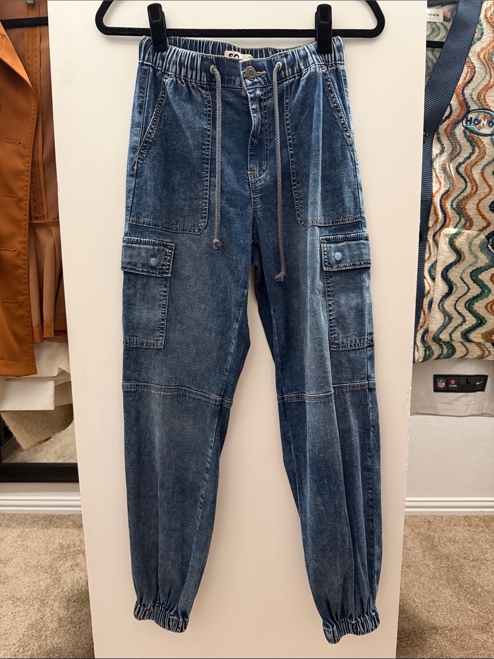 Women’s Blue Denim Cargo Jogger Jeans - Drawstring Waist